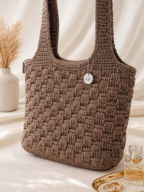 The Sak Crochet Woven Shoulder Bag Brown Boho Knit Tote Festival Chic